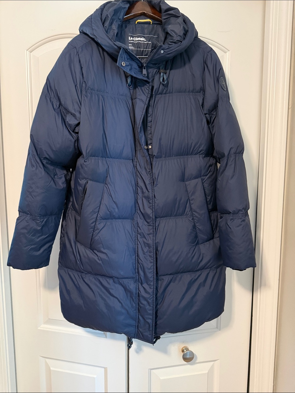 Classic Navy Long Puffer Coat with Hood
